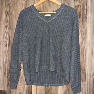 Pink Rose Womens Ribbed Knit V-Neck Sweater Large Gray Long Sleeve Top